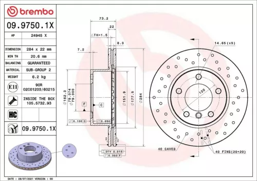 Remschijf BREMBO 09.9750.1X)