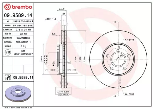 Remschijf BREMBO 09.9589.14)