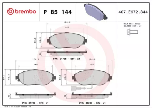 Brake Pad Set, disc brake BREMBO P 85 144X)