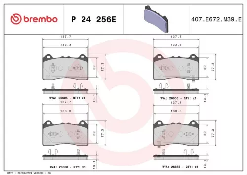 Remblokkenset, schijfrem BREMBO P 24 256E)