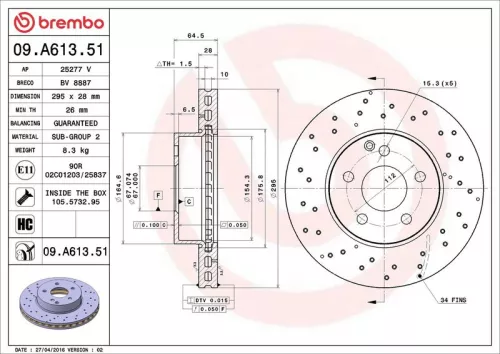 Remschijf BREMBO 09.A613.51)